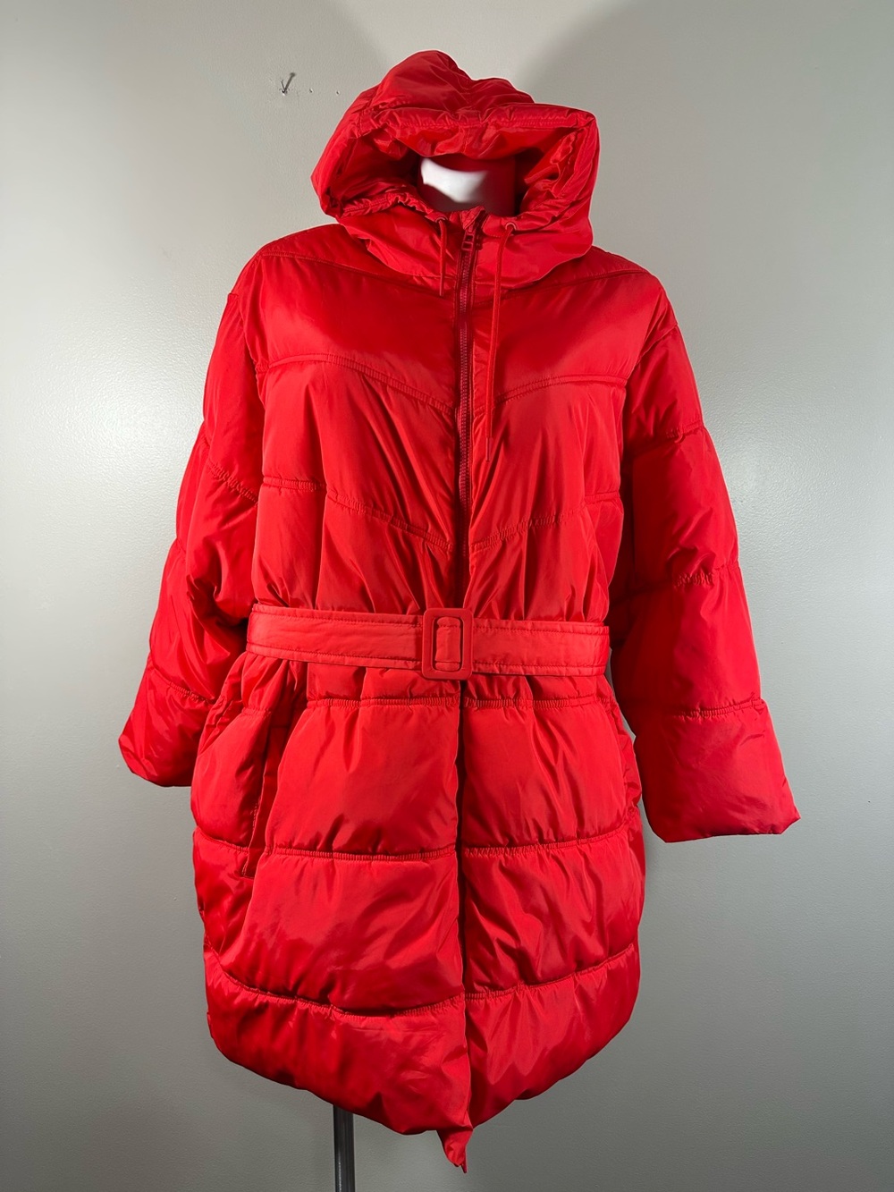 A New Day Women's Sz 3X Red Belted Hooded Long Puffer Coat Jacket